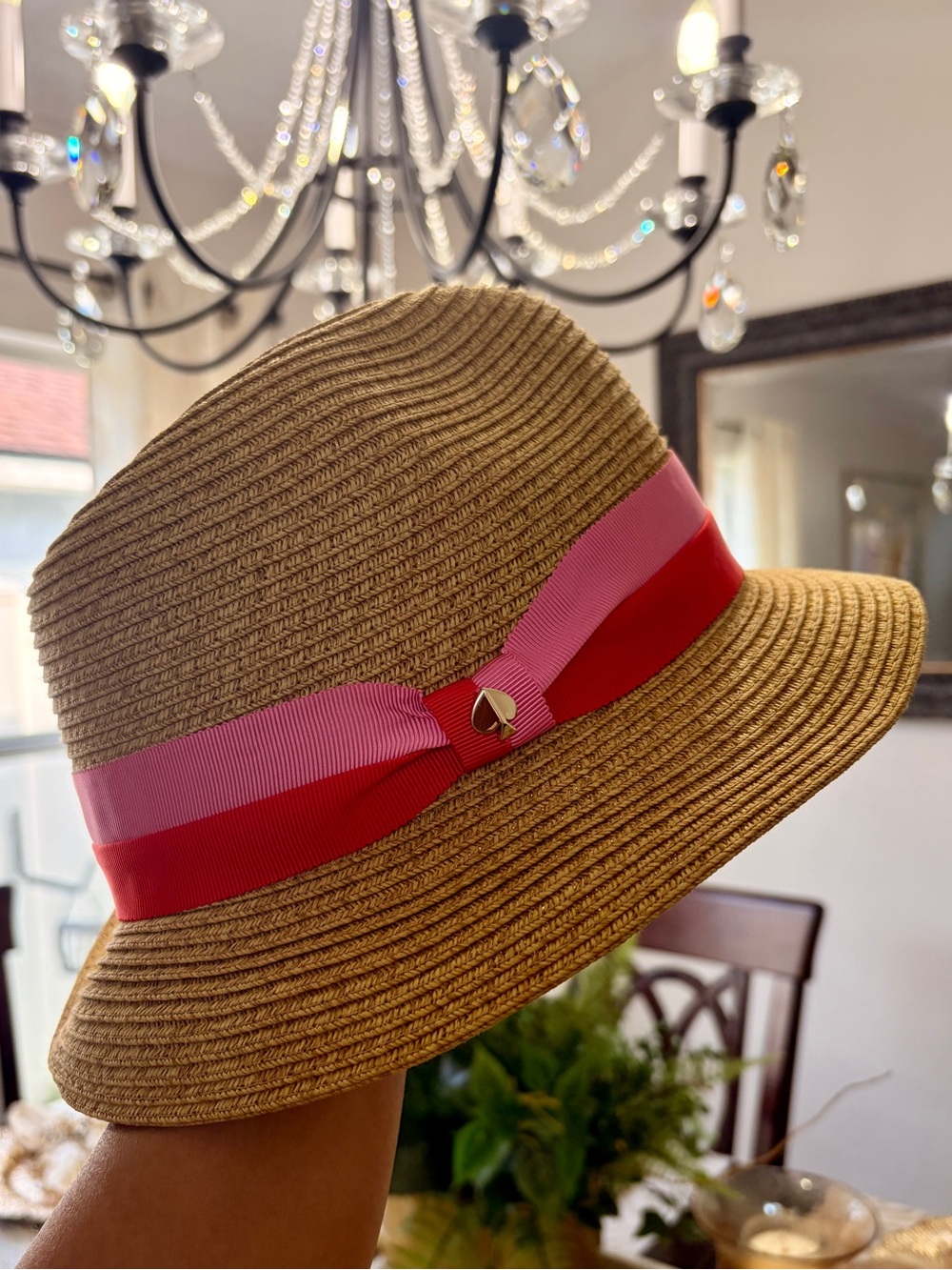 NWT kate spade Natural Straw Bucket Hat with Pink & Red Ribbon